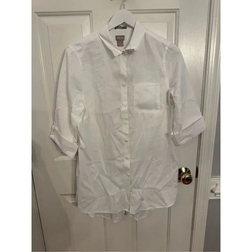 Chico’s White Linen 3/4 Cuff Sleeve Button Up Tunic No Iron Top sz 1 or 8/10 EUC